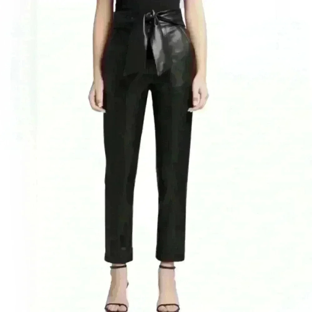 Nicole Miller New York. Straight Leg, Tie Waisted, Faux Leather Pant, belted